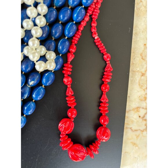 Vintage Multi-Strand Beaded Necklaces Set - Red White & Blue Faux Pearl & Gold-T - Picture 6 of 10